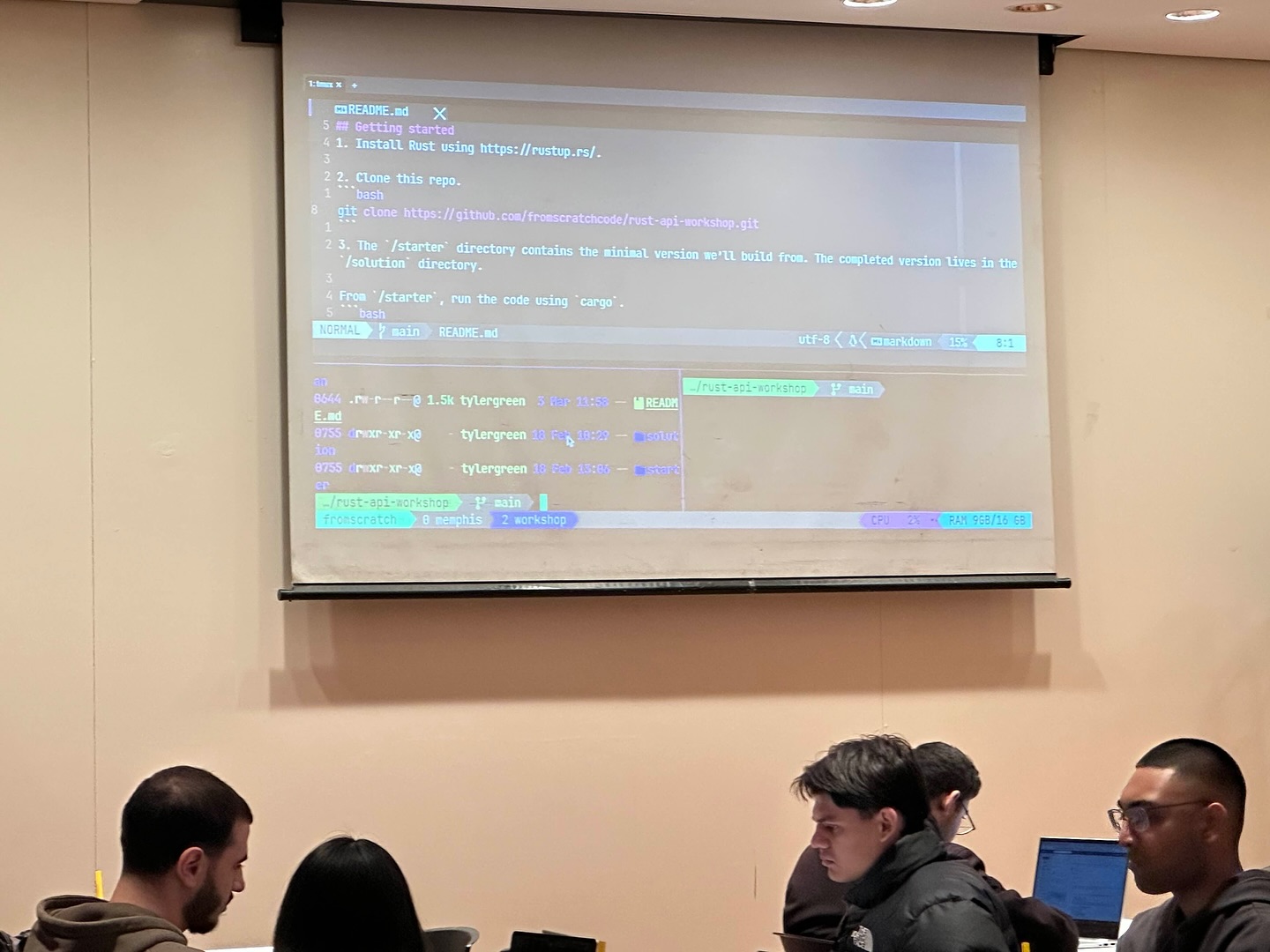 Workshop participants looking at a README file on a projected screen during the session.